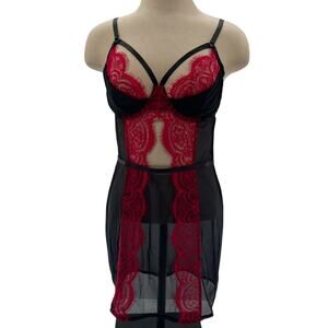 Adore Me Red Black Lace Valentine Sexy Cut Out Babydoll Slip Dress Size Medium